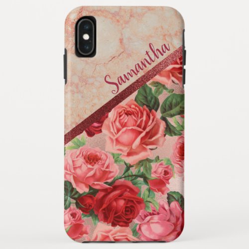 Chic Elegant Vintage Pink Red Roses Floral Marble iPhone XS Max Case