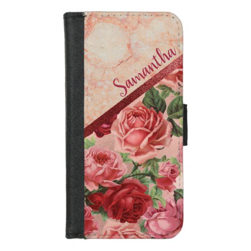 Chic Elegant Vintage Pink Red Roses Floral Marble iPhone 87 Wallet Case