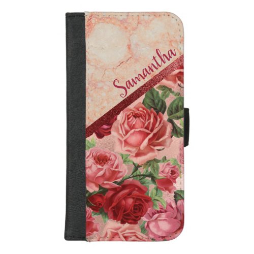 Chic Elegant Vintage Pink Red Roses Floral Marble iPhone 87 Plus Wallet Case