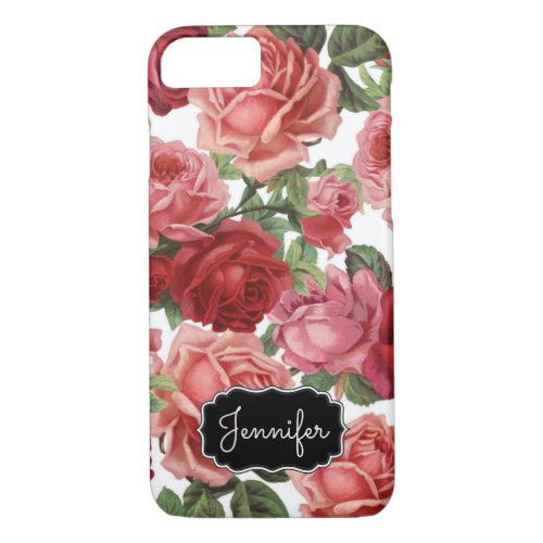 Chic Elegant Vintage Pink Red roses floral name iPhone 87 Case
