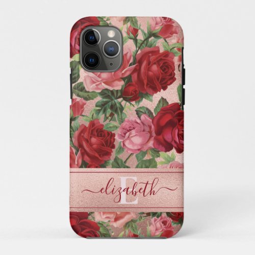 Chic Elegant Vintage Pink Red Roses Floral Name iPhone 11 Pro Case