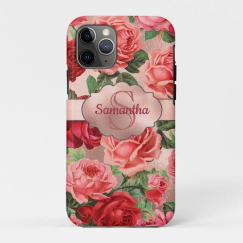 Chic Elegant Vintage Pink Red Roses Floral Name iPhone 11 Pro Case