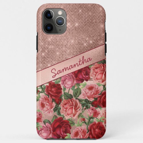 Chic Elegant Vintage Pink Red Roses Floral Name iPhone 11 Pro Max Case
