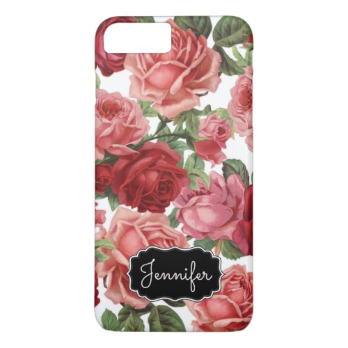 Chic Elegant Vintage Pink Red roses floral name iPhone 8 Plus7 Plus Case