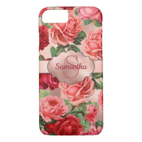 Chic Elegant Vintage Pink Red Roses Floral Name iPhone 87 Case