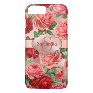 Chic Elegant Vintage Pink Red Roses Floral Name iPhone 8 Plus/7 Plus Case