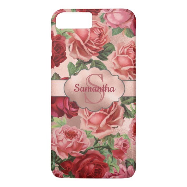 Chic Elegant Vintage Pink Red Roses Floral Name Case-Mate iPhone Case (Back)