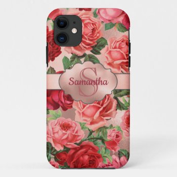 Chic Elegant Vintage Pink Red Roses Floral Name Iphone 11 Case by storechichi at Zazzle