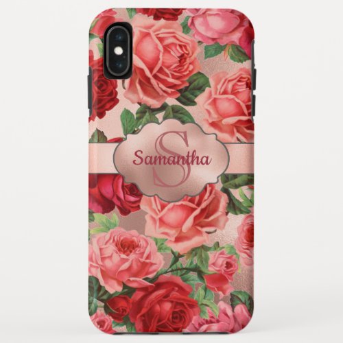 Chic Elegant Vintage Pink Red Roses Floral Name iPhone XS Max Case