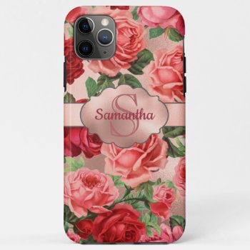 Chic Elegant Vintage Pink Red Roses Floral Name Iphone 11 Pro Max Case by storechichi at Zazzle