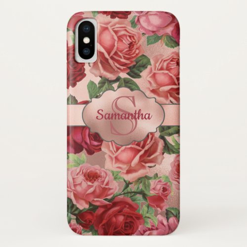 Chic Elegant Vintage Pink Red Roses Floral Name iPhone X Case