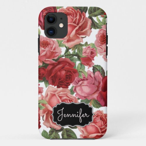 Chic Elegant Vintage Pink Red roses floral name iPhone 11 Case
