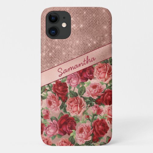 Chic Elegant Vintage Pink Red Roses Floral Name iPhone 11 Case