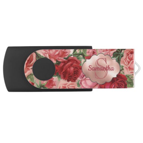 Chic Elegant Vintage Pink Red Roses Floral Name Flash Drive