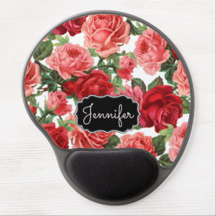 Chic Elegant Vintage Pink Red roses floral name Gel Mouse Pad