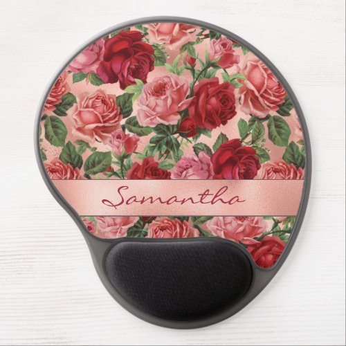 Chic Elegant Vintage Pink Red Roses Floral Name Gel Mouse Pad