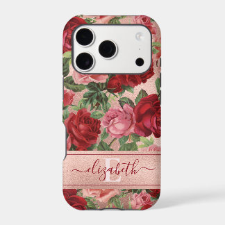 Chic Elegant Vintage Pink Red Roses Floral Name iPhone 17 Pro Case