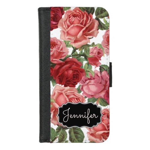 Chic Elegant Vintage Pink Red roses floral name iPhone 87 Wallet Case