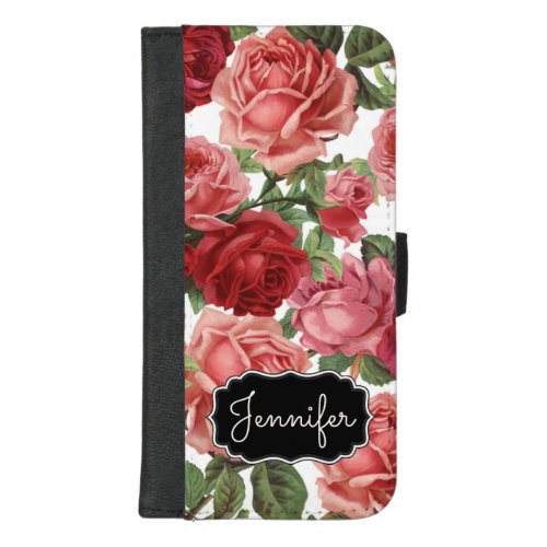 Chic Elegant Vintage Pink Red roses floral name iPhone 87 Plus Wallet Case