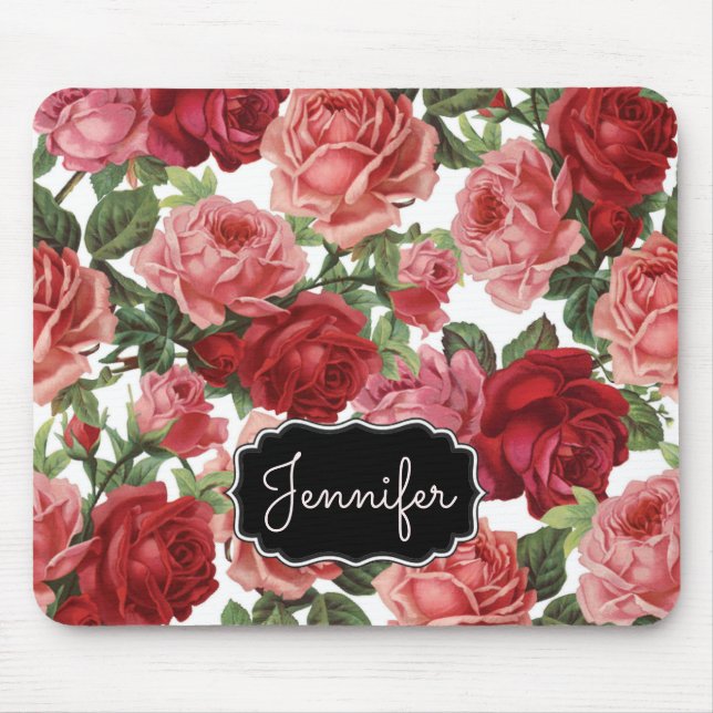 Chic Elegant Vintage Pink Red roses floral name Mouse Pad (Front)