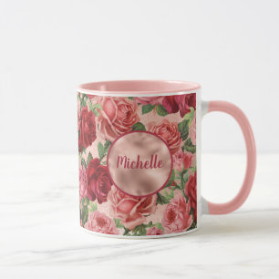 Chic Elegant Vintage Pink Red Roses Floral Name Mug