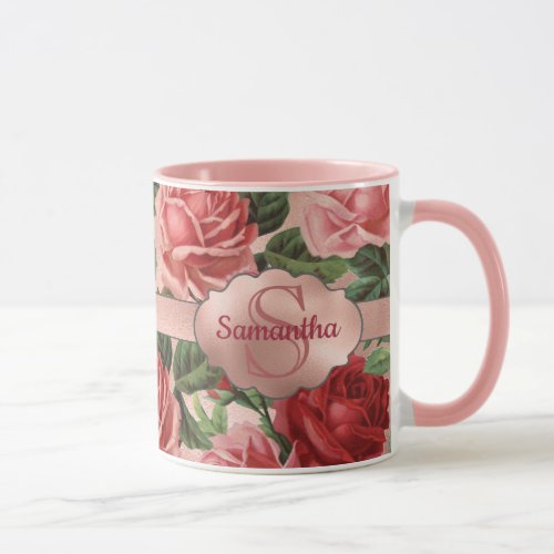 Chic Elegant Vintage Pink Red Roses Floral Name Mug