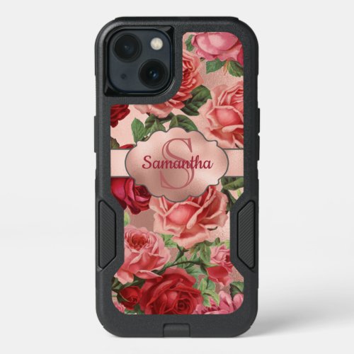 Chic Elegant Vintage Pink Red Roses Floral Name iPhone 13 Case
