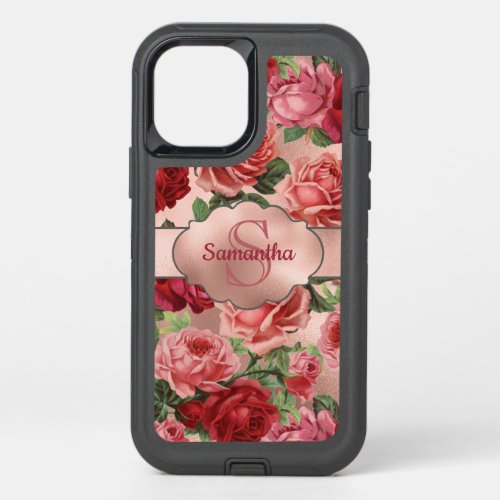 Chic Elegant Vintage Pink Red Roses Floral Name OtterBox Defender iPhone 12 Case