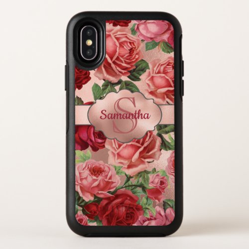 Chic Elegant Vintage Pink Red Roses Floral Name OtterBox Symmetry iPhone XS Case