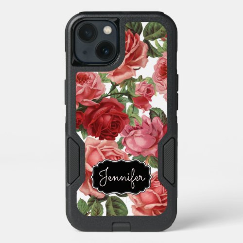 Chic Elegant Vintage Pink Red roses floral name iPhone 13 Case