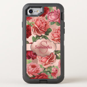 Chic Elegant Vintage Pink Red Roses Floral Name OtterBox Defender iPhone SE/8/7 Case