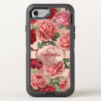 Chic Elegant Vintage Pink Red Roses Floral Name Otterbox Defender Iphone Se/8/7 Case by storechichi at Zazzle