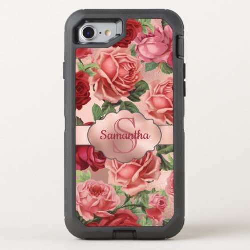 Chic Elegant Vintage Pink Red Roses Floral Name OtterBox Defender iPhone SE87 Case