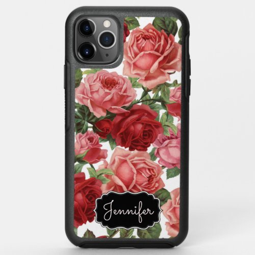 Chic Elegant Vintage Pink Red roses floral name OtterBox Symmetry iPhone 11 Pro Max Case