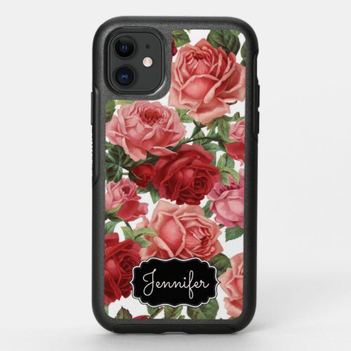 Chic Elegant Vintage Pink Red roses floral name OtterBox Symmetry iPhone 11 Case