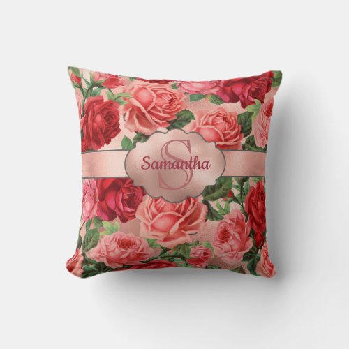 Chic Elegant Vintage Pink Red Roses Floral Name Throw Pillow