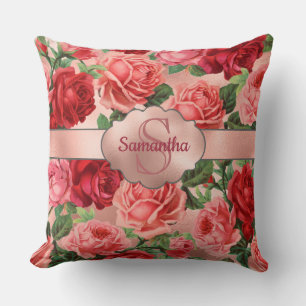 Chic Elegant Vintage Pink Red Roses Floral Name Throw Pillow
