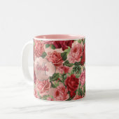 Chic Elegant Vintage Pink Red Roses Floral Name Two-Tone Coffee Mug (Front Left)