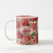 Chic Elegant Vintage Pink Red Roses Floral Name Two-Tone Coffee Mug (Left)