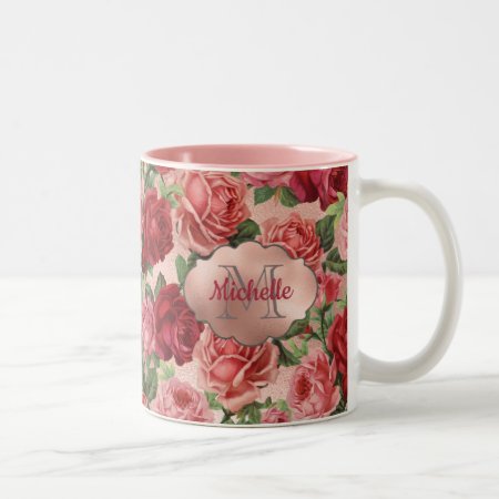 Chic Elegant Vintage Pink Red Roses Floral Name Two-tone Coffee Mug