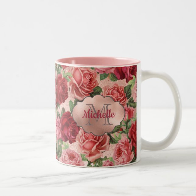 Chic Elegant Vintage Pink Red Roses Floral Name Two-Tone Coffee Mug (Right)