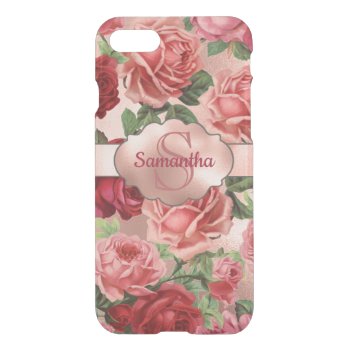 Chic Elegant Vintage Pink Red Roses Floral Name Iphone Se/8/7 Case by storechichi at Zazzle