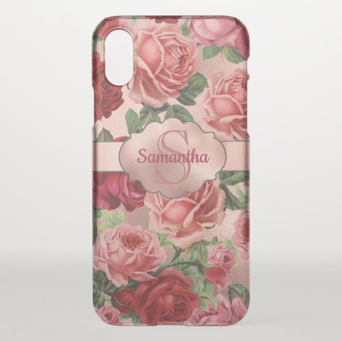 Chic Elegant Vintage Pink Red Roses Floral Name iPhone X Case