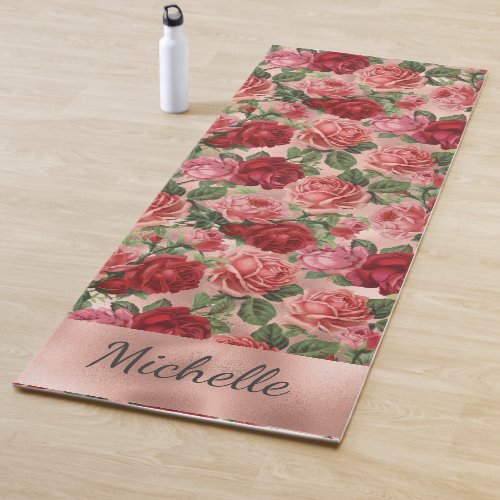 Chic Elegant Vintage Pink Red Roses Floral Name Yoga Mat