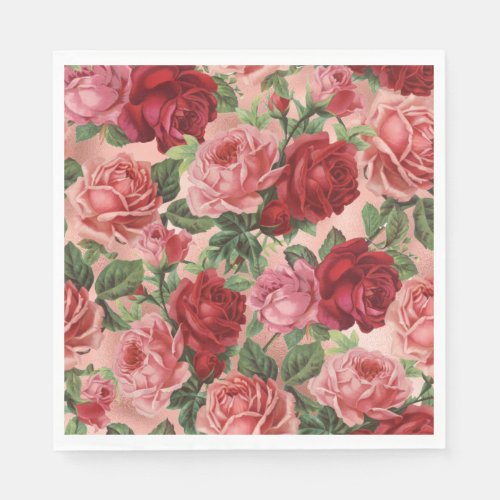 Chic Elegant Vintage Pink Red Roses Floral Napkins