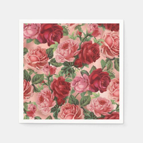 Chic Elegant Vintage Pink Red Roses Floral Napkins