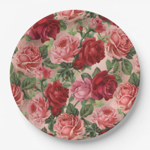 Chic Elegant Vintage Pink Red Roses Floral Paper Plates
