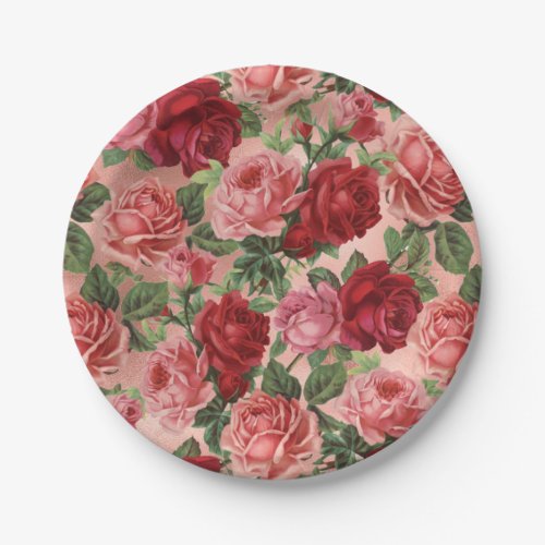 Chic Elegant Vintage Pink Red Roses Floral Paper Plates