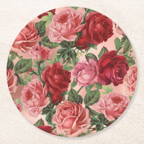 Chic Elegant Vintage Pink Red Roses Floral Round Paper Coaster