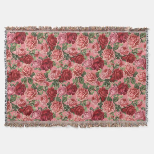 Chic Elegant Vintage Pink Red Roses Floral Throw Blanket